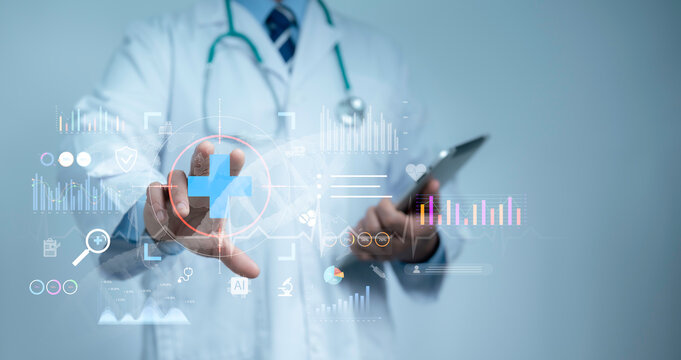 Doctor using digital healthcare interface with medical icons, AI data analytics and futuristic technology, representing smart hospital innovation, telemedicine, healthcare and patient care system