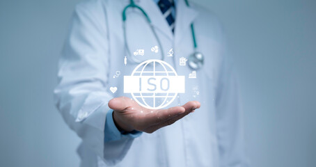 Doctor presenting ISO certification symbol with healthcare icons, representing international medical standards, hospital quality management, safety assurance and healthcare compliance