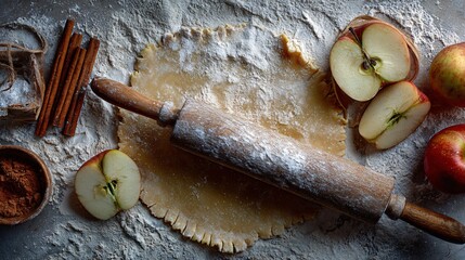 Apple pie preparation flat lay with sliced apples, cinnamon sticks, rolling pin, and flour-dusted countertop
