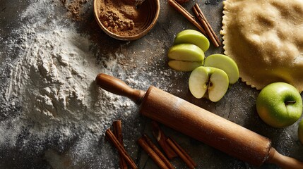 Apple pie preparation flat lay with sliced apples, cinnamon sticks, rolling pin, and flour-dusted countertop