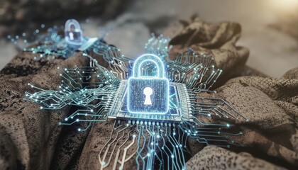 Futuristic Cyber Security Background with Digital Lock and Circuit Pattern