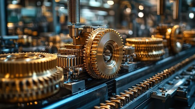 Close - up of Industrial Machine Gears and Cogs in a Manufacturing Setting 
