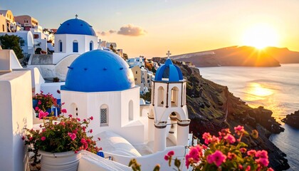 Stunning realistic photo of Santorini, Greece, with iconic white houses and blue domes at sunset. Captured from a cozy balcony with flowers in foreground.
