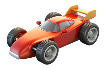 A vibrant red race car with a yellow spoiler in a cartoon style on transparent background