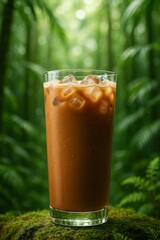 Iced coffee served in a tall glass against a lush green forest backdrop in midday light