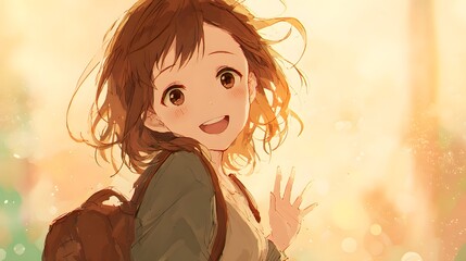A charming illustration of a girl smiling warmly in anime style, radiating kindness and a welcoming presence