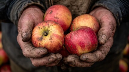Farmer’s hands holding freshly picked apples, dirt under fingernails, background out of focus
