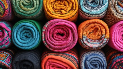 Fototapeta premium Stack of Colorful Rolled Textiles with Intricate Patterns 