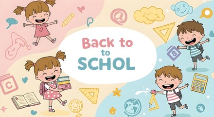 Naklejka premium Cartoon-style “back to school” scene with cheerful children, school supplies, and bright educational icons in pastel colors