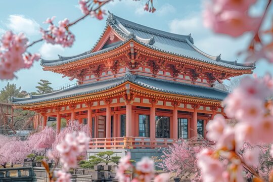 Japanese temple with pink flowers blooming in springtime