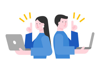 パソコンを使う男女ビジネスチームとひらめき