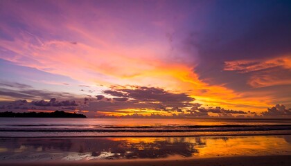 Obraz premium A vibrant sunset paints the tropical beach sky with hues of orange, purple, and pink, reflecting beautifully on the calm water.