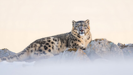 Fototapeta premium A majestic snow leopard rests on rocky terrain amidst a misty, snowcovered landscape, its piercing eyes gazing forward with an alert and powerful presence