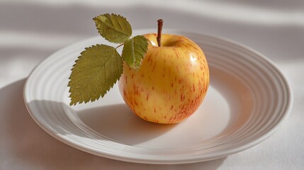 Minimalist apple harvest scene, single apple with leaf on white ceramic plate, soft shadows, copy space