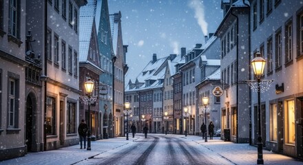 Snowy, picturesque European town street at twilight