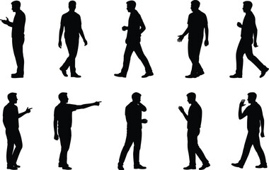 Black silhouette people in various standing and walking poses, business and casual gestures, vector illustration for design, animation, posture reference