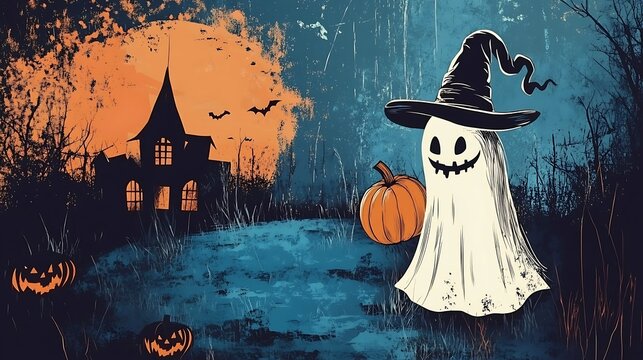 Vintage style vector Halloween ghost pumpkin witch illustration