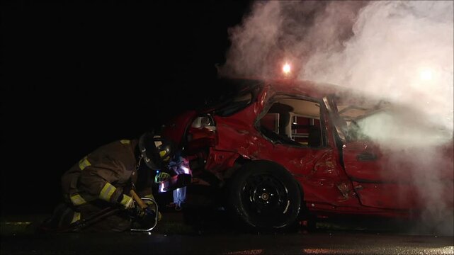 Firefighters Using Jaws of Life on Wrecked Vehicle at Night