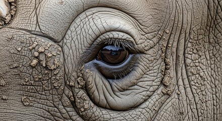 Extreme close-up of a rhinoceros eye, showcasing its brown iris, wrinkled skin and texture with dirt and debris around the eye area.