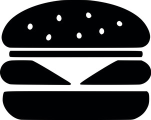 Black and white graphic illustration of a burger, showing bun, patty, cheese, and sesame seeds.