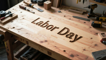 Celebrate Labor Day weekend with this rustic workbench featuring carved holiday message and assorted tools, perfect for DIY projects and crafting promotions