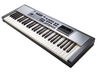 Silver and White Keyboard Instrument with Black Keys on Black Background