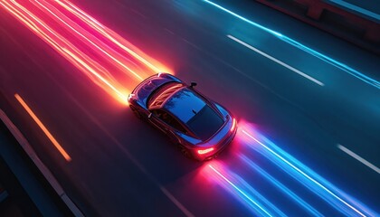 Car racing down highway with colorful light trails. Vibrant colors illuminate speed and urban energy. Sleek black car moves along asphalt road. Red and blue light streaks create dynamic atmosphere.