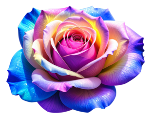 Vibrant rainbow rose with multi colored petals on black background