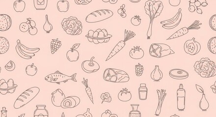 Food pattern line art of fruits, veggies, meat, & staples on peach background