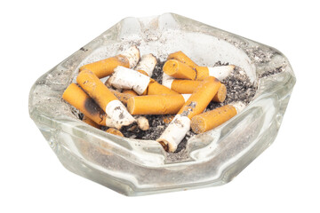 A glass ashtray with extinguished cigarette butts inside on a white background