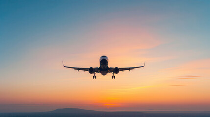 A plane is flying through a beautiful sunset sky