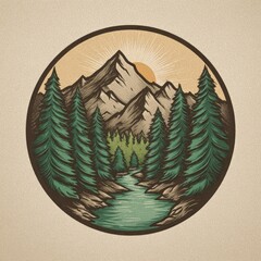 Sunrise over a mountain and forest landscape.