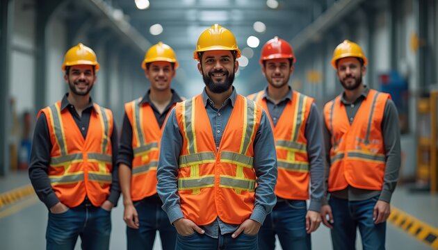 A group of five smiling construction workers stand in a warehouse, wearing hard hats and safety vests.