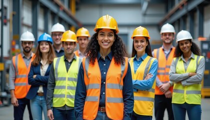 A diverse group of construction workers, wearing safety vests and hard hats, smiling confidently in a warehouse.