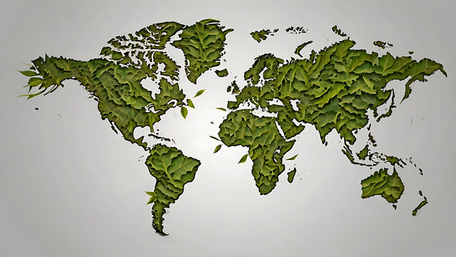 3D image Eco-Friendly World Map Made of Green Leaves – Artistic Nature-Inspired Design Highlighting Global Sustainability, Environmental Awareness, Organic Aesthetics Earth Day.