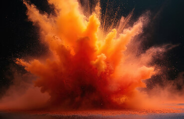 Vibrant orange and red explosion on dark gray background. Dynamic scene with shower of particles. Energetic and intense, high-coloured burst of powder. Central focus of orange and red hues.