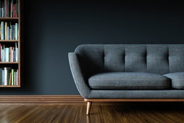 Dark-toned room featuring a couch and bookshelf.