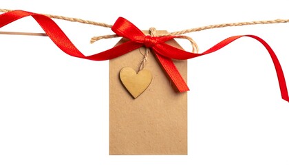 Kraft tag with red ribbon and wooden heart