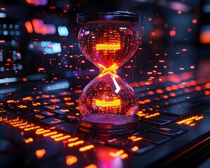 Neon digital hourglass icon in a hacker s futuristic workspace