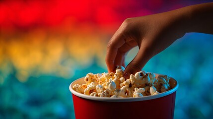 Child’s hand reaching into a popcorn bucket, colorful background