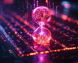 Ethereal digital neon hourglass icon in a futuristic cyber inspired setting