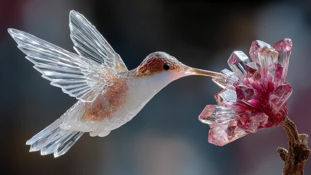 A beautifully crafted crystal hummingbird hovers in front of an intricate floral design, capturing the vibrant colors of nature. The sunlight enhances the stunning details of both the bird and flower.