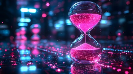 Neon hourglass icon in a retro arcade game interface