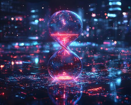 Neon hourglass countdown over futuristic digital cityscape