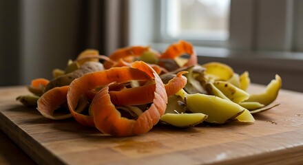 Peeled carrots and potatoes, vegetable scraps, ready for composting on a wooden cutting board.