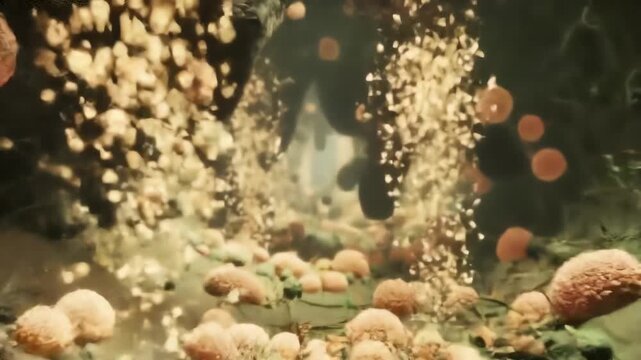 Inside a cow&rsquo;s rumen, the camera drifts through a chaotic microbial world, showing bacteria fermenting fibers into gas, bubbles rising like champagne
