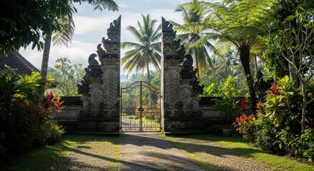 Fototapeta premium Balinese Gate at Entrance of Tropical Garden in Bali, Indonesia