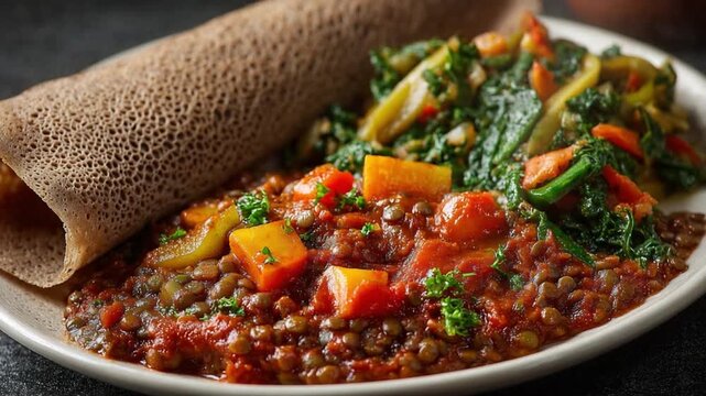 Ethiopian Culinary Dish: A visually stunning plate features traditional Ethiopian cuisine, showcasing flavorful lentils stew, fresh vegetables, and injera.