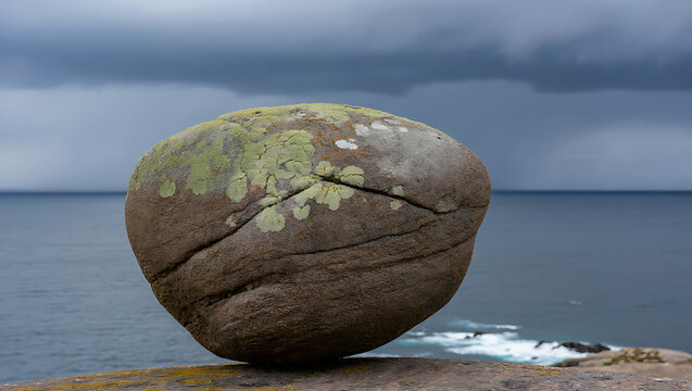 A large, weathered boulder covered in green lichen rests on a rocky outcrop overlooking the vast, choppy sea under a dramatic, cloudy sky