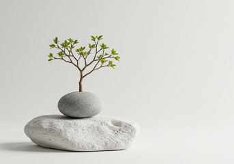 Minimalist zen arrangement delicate green plant on smooth stones serene nature decor